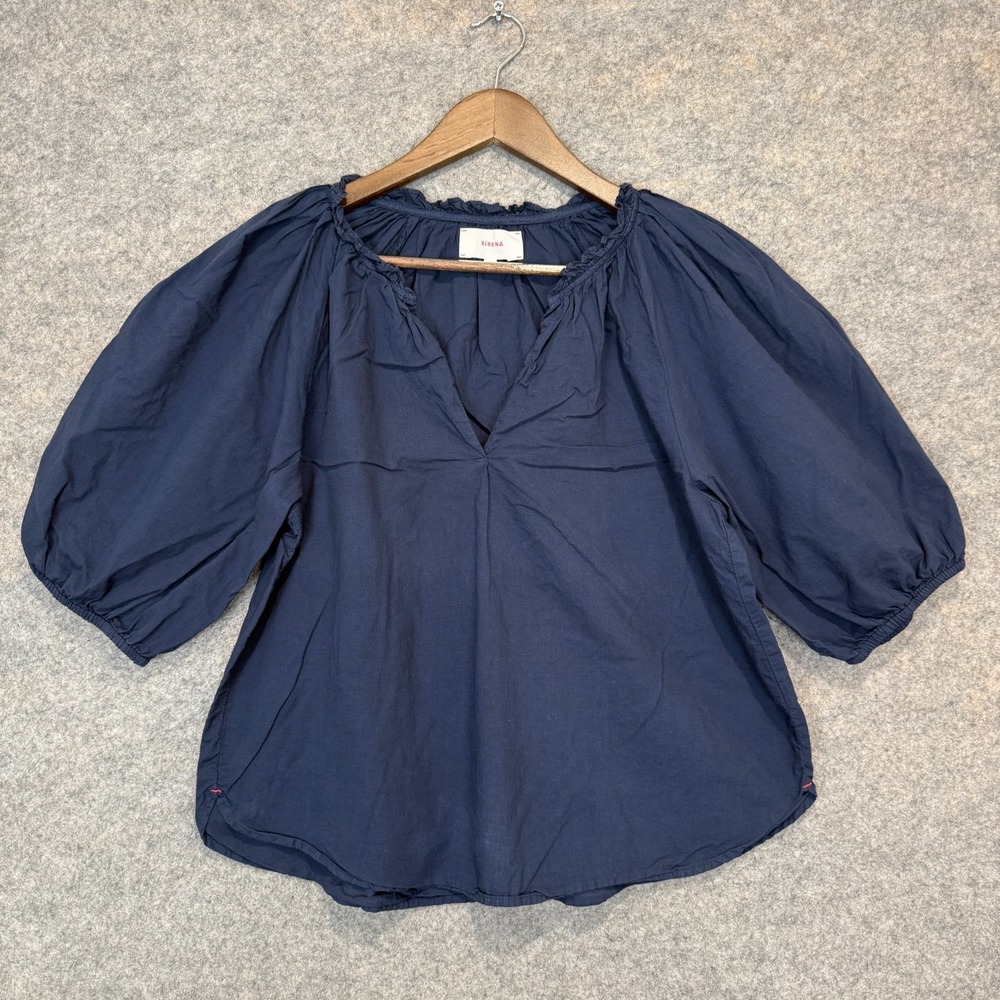 Xirena Jules Top Blouse Womens Small Relaxed Balloon Sleeves Navy Woven Poplin